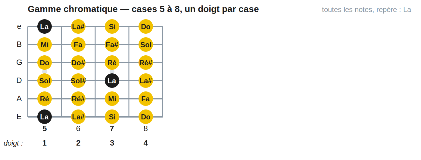 Gamme chromatique — cases 5 à 8, un doigt par case