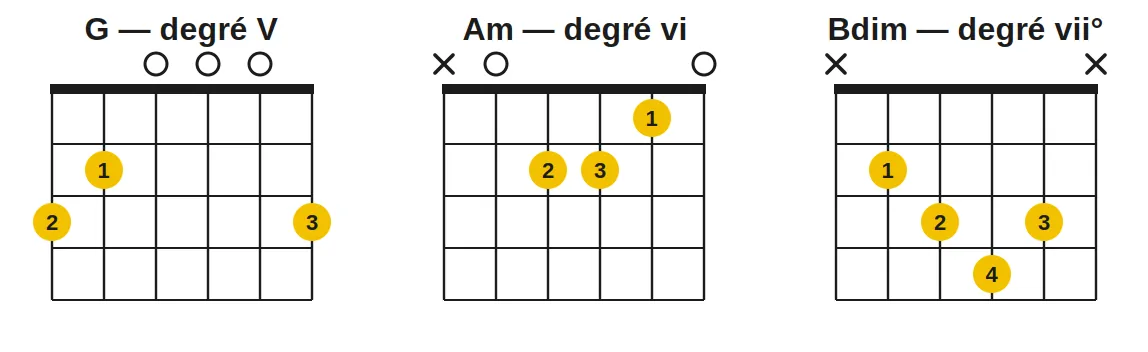 Accord G — degré V; Accord Am — degré vi; Accord Bdim — degré vii°